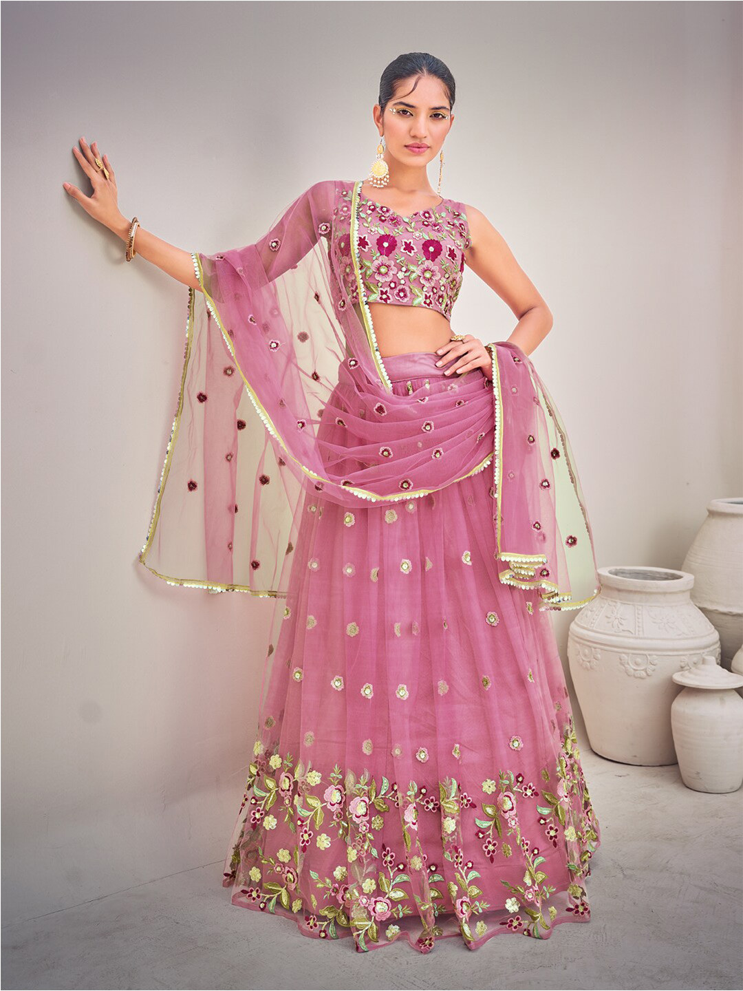 

SHOPGARB Embroidered Sequinned Semi-Stitched Lehenga & Unstitched Blouse With Dupatta, Pink