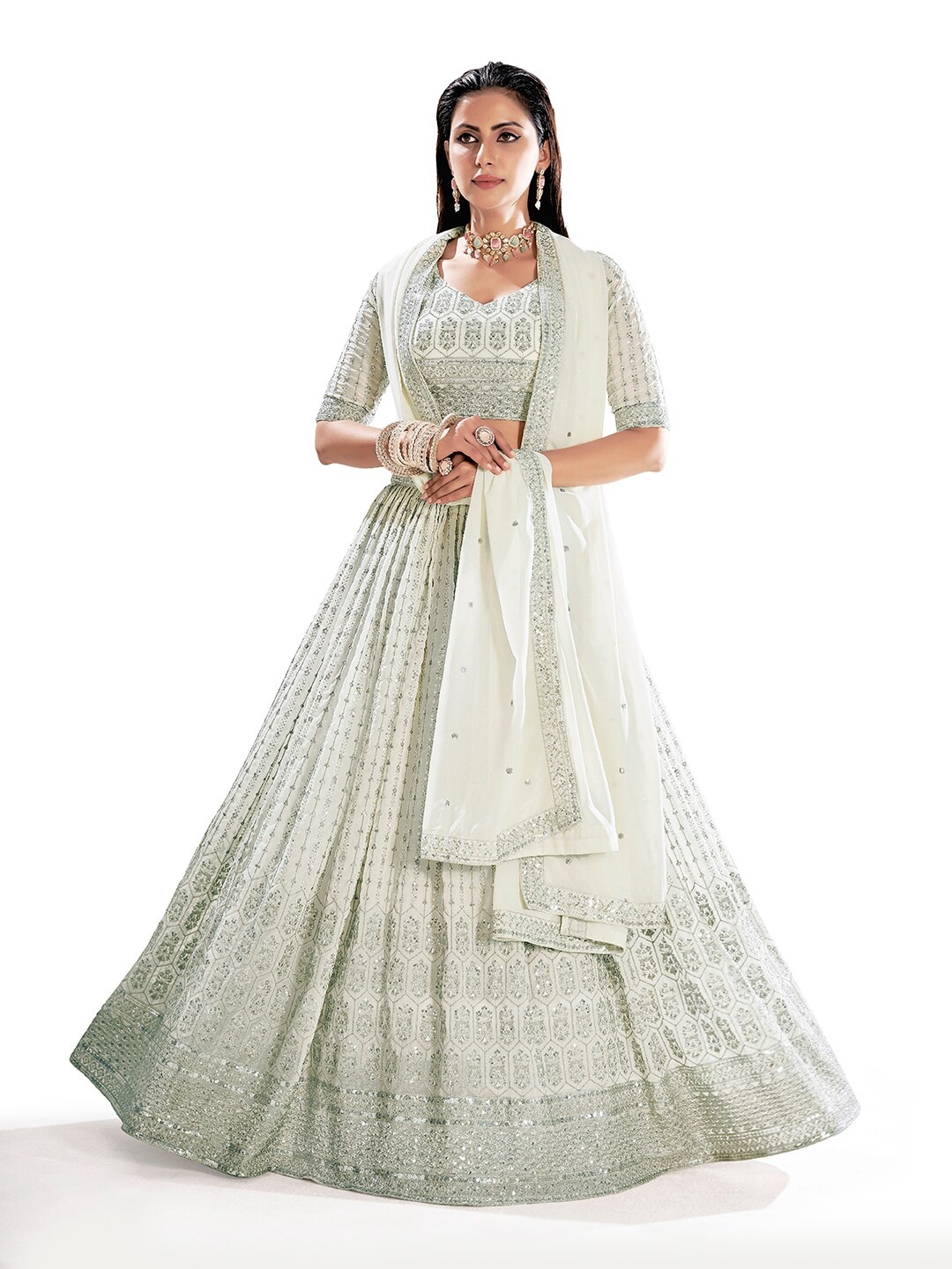 SHOPGARB Embroidered Sequinned Semi-Stitched Lehenga & Unstitched Blouse With Dupatta, White