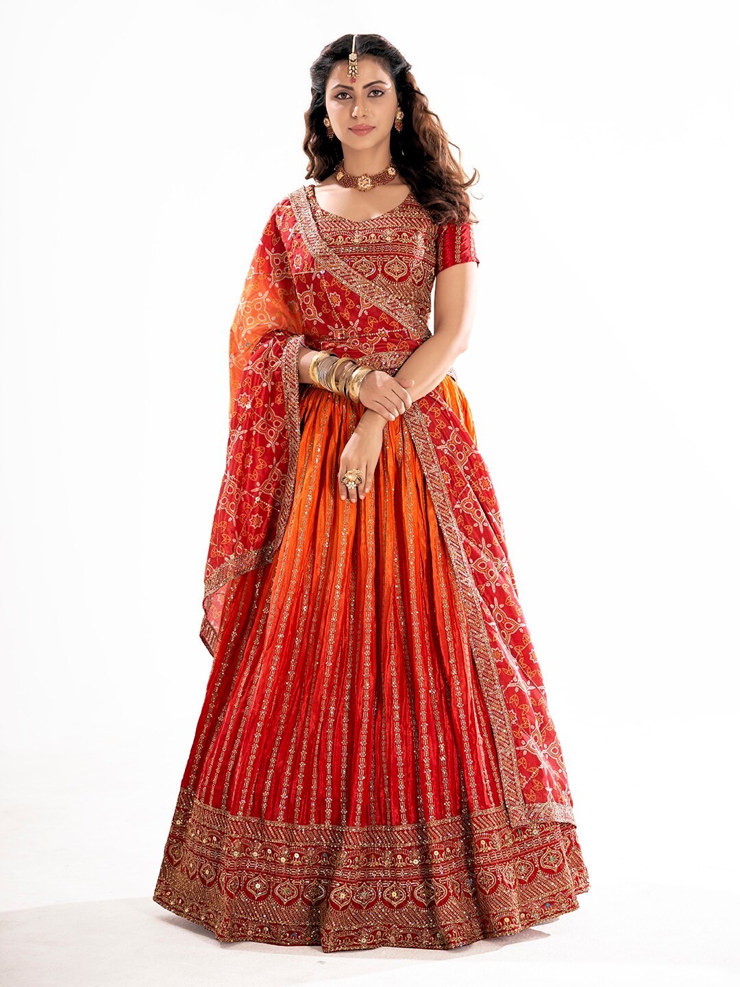 

SHOPGARB Embroidered Sequinned Semi-Stitched Lehenga & Unstitched Blouse With Dupatta, Orange