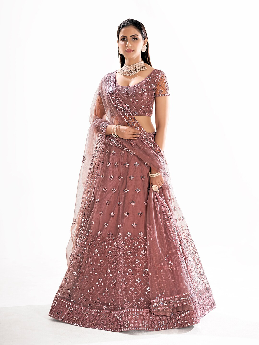 

SHOPGARB Sequinned Embroidered Semi-Stitched Lehenga & Unstitched Blouse With Dupatta, Mauve