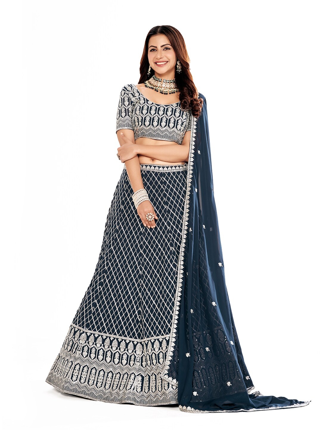 

SHOPGARB Embroidered Sequinned Semi-Stitched Lehenga & Unstitched Blouse With Dupatta, Navy blue