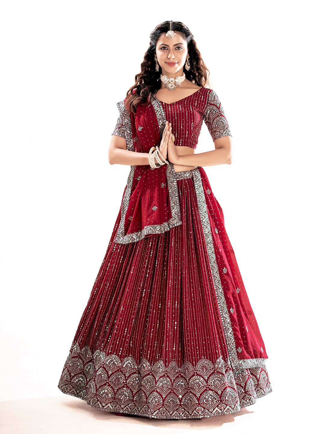 

SHOPGARB Embroidered Sequinned Semi-Stitched Lehenga & Unstitched Blouse With Dupatta, Red