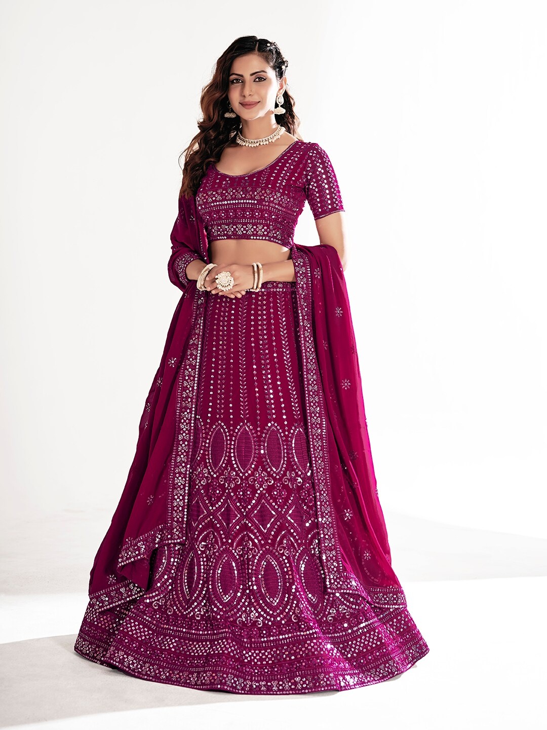 

SHOPGARB Embroidered Sequinned Semi-Stitched Lehenga & Unstitched Blouse With Dupatta, Maroon