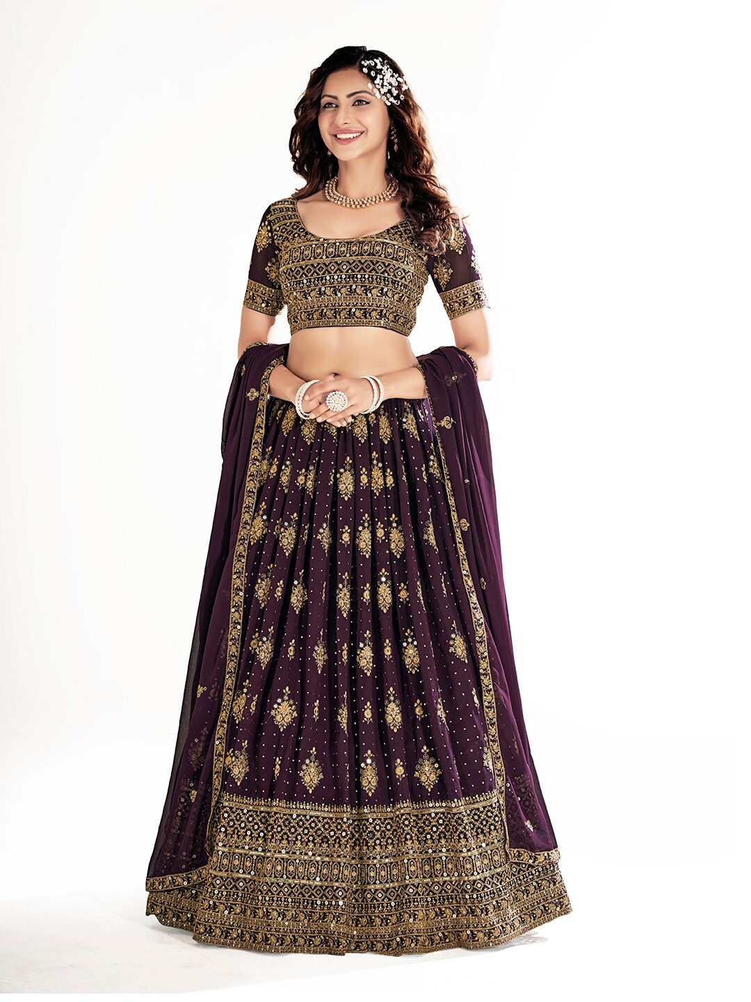 

SHOPGARB Embroidered Thread Work Semi-Stitched Lehenga & Unstitched Blouse With Dupatta, Purple