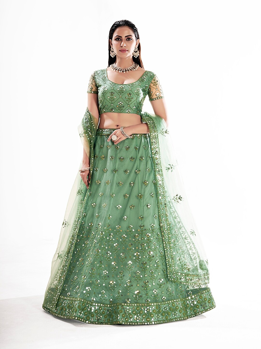 

SHOPGARB Embroidered Sequinned Semi-Stitched Lehenga & Unstitched Blouse With Dupatta, Sea green