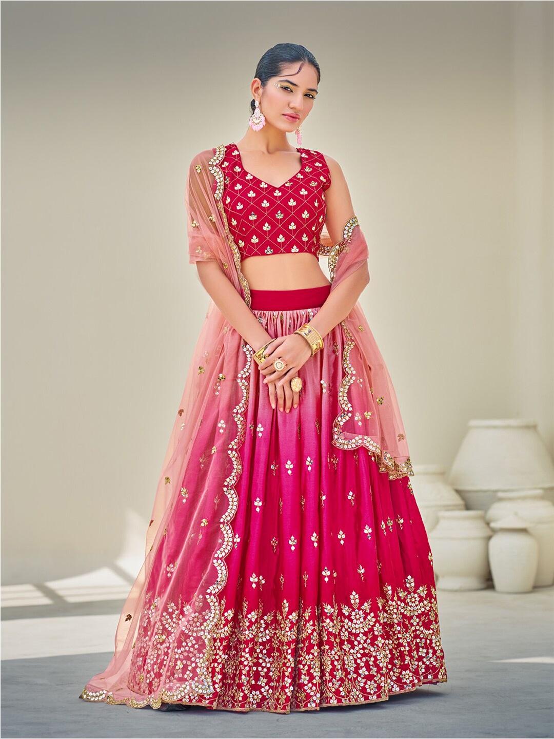 

SHOPGARB Embroidered Sequinned Semi-Stitched Lehenga & Unstitched Blouse With Dupatta, Pink