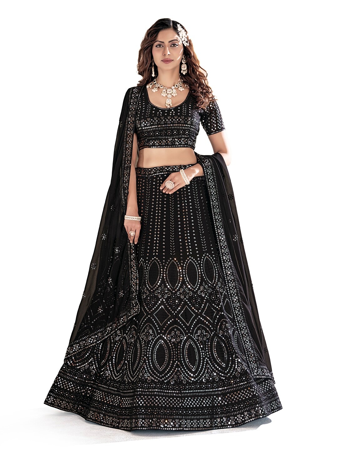

SHOPGARB Embroidered Sequinned Semi-Stitched Lehenga & Unstitched Blouse With Dupatta, Black