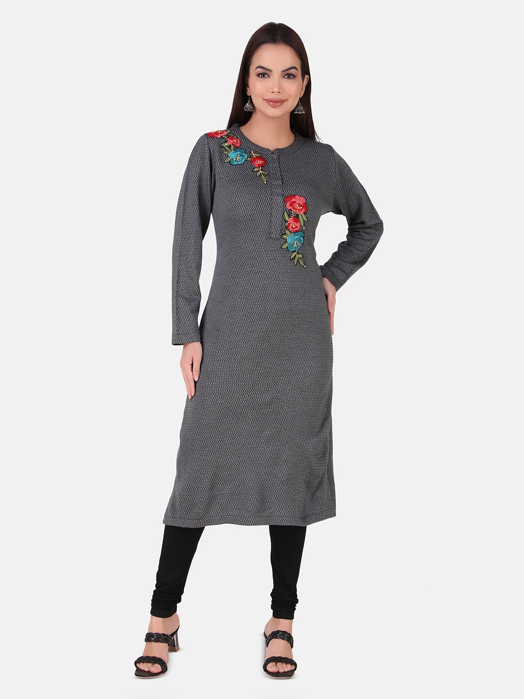 

Elthia Woven Design Thread Work Detail Woollen Straight Kurta, Grey