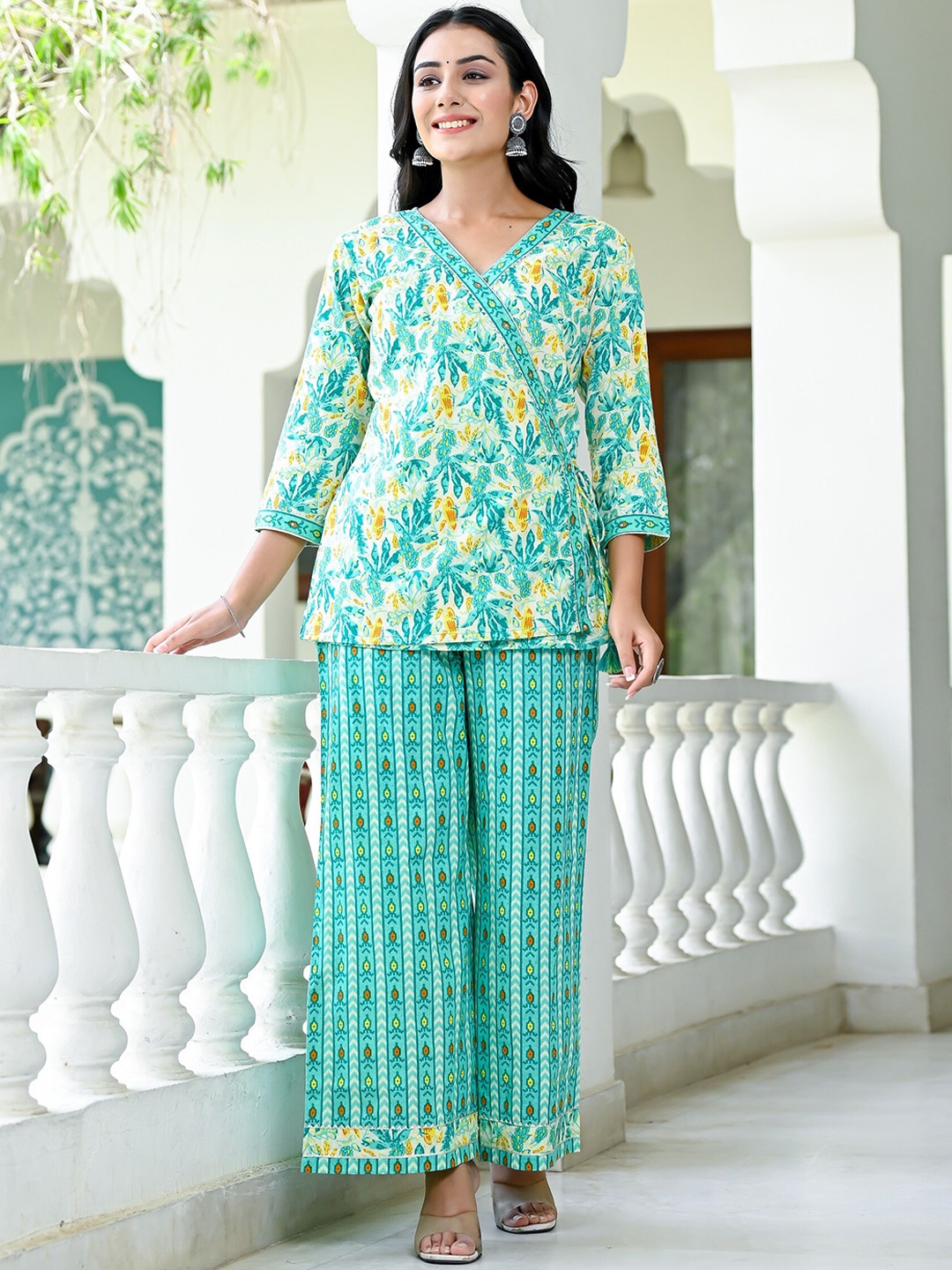 

MissKurti Floral Printed Pure Cotton Top & Palazzos, Sea green