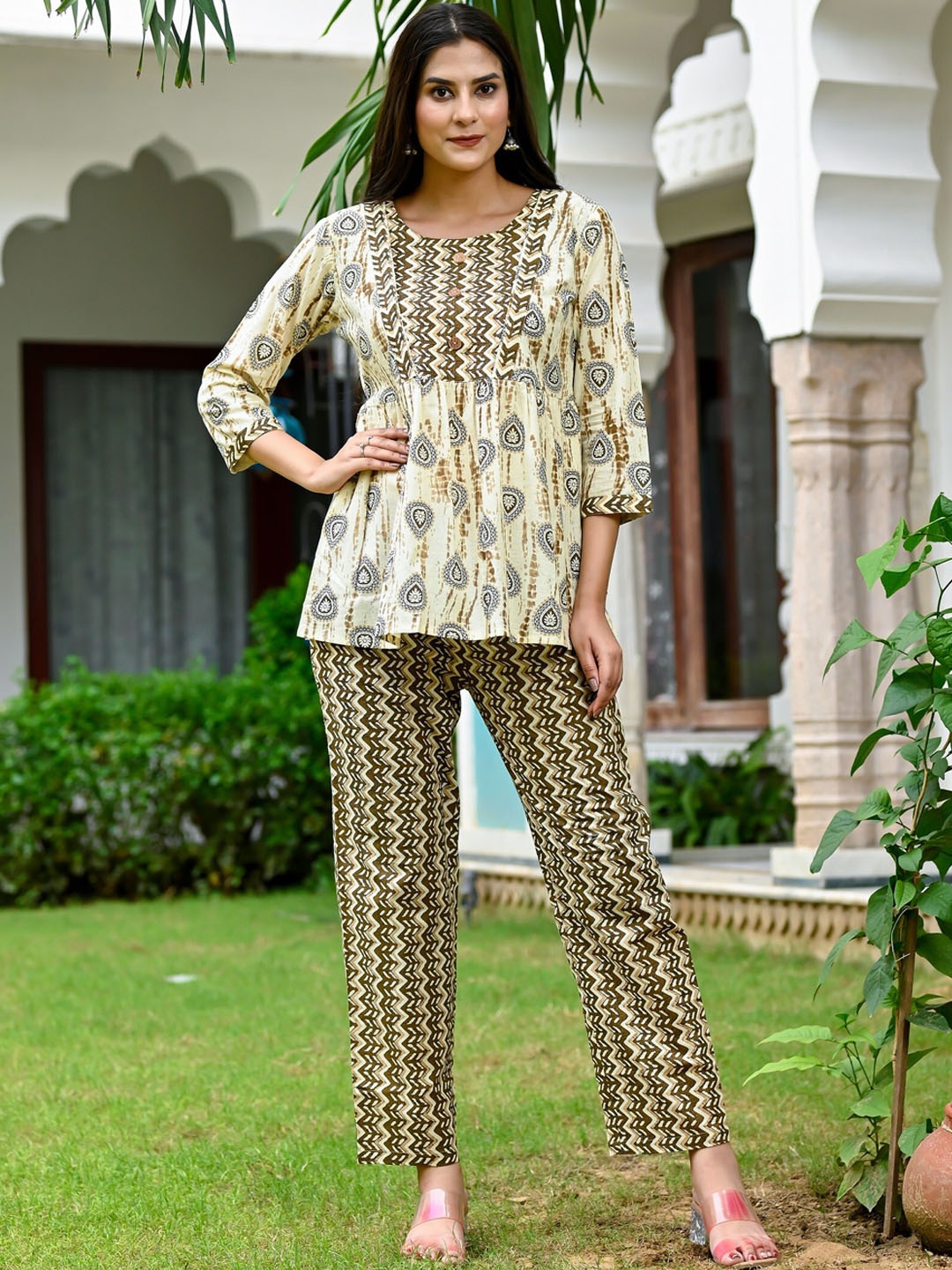 

MissKurti Ethnic Motif Printed Pure Cotton Tunic & Trousers, Beige