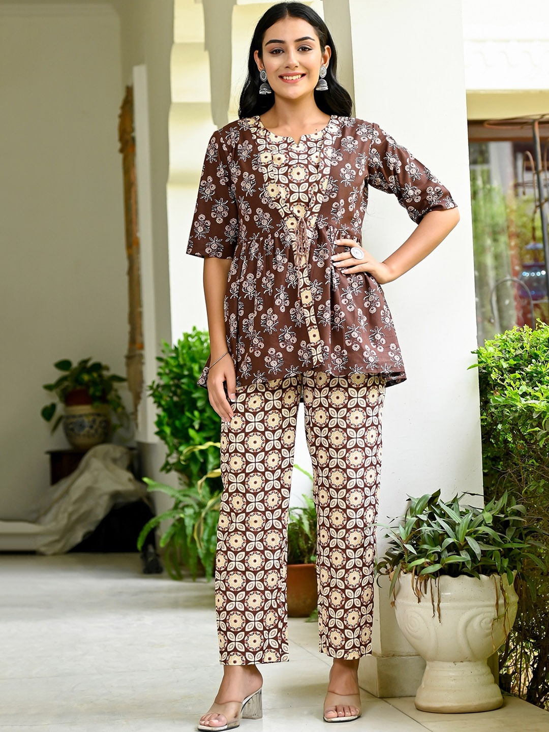 

MissKurti Floral Printed Pure Cotton Top & Trousers Co-Ord Set, Taupe