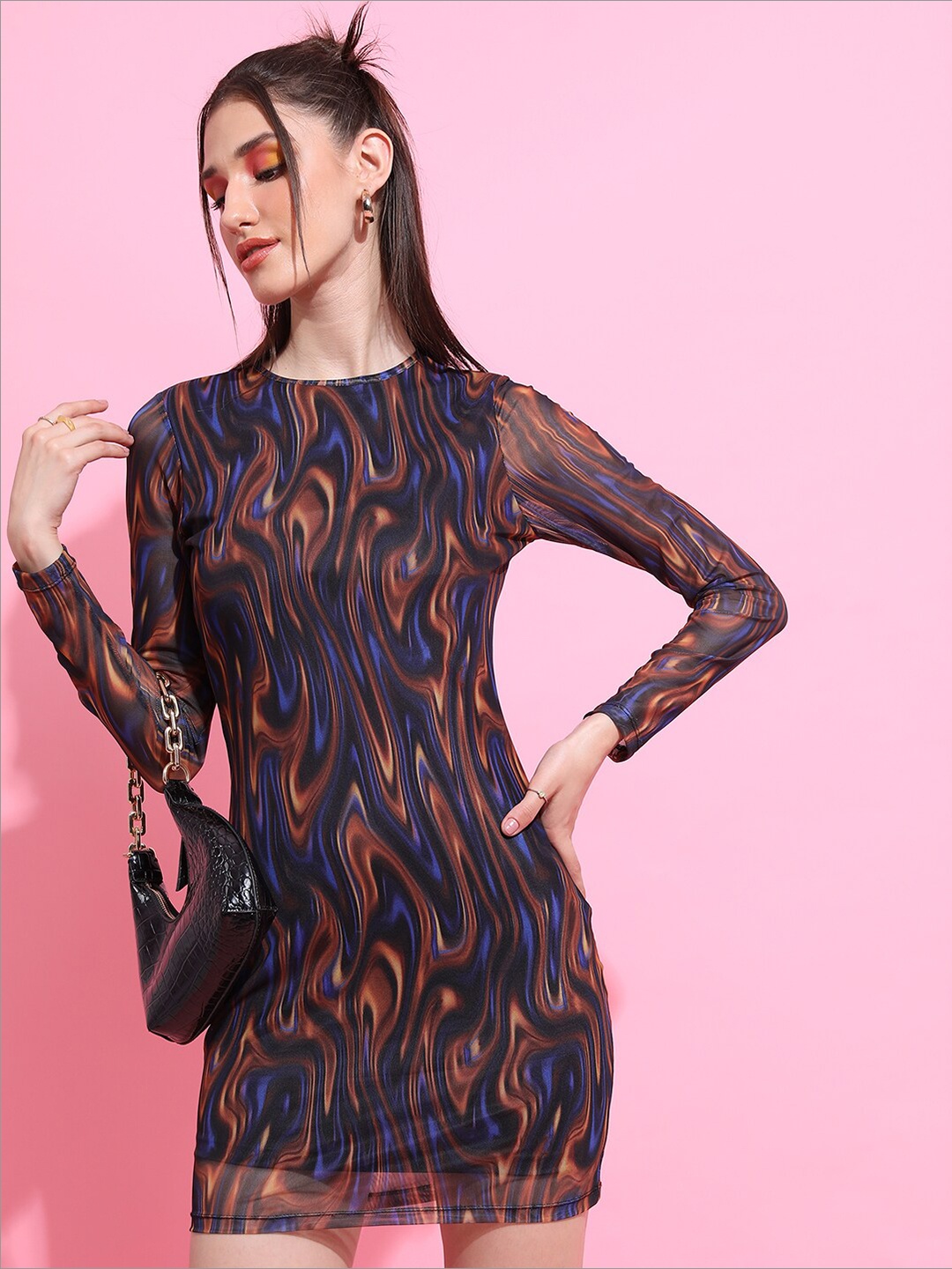 

Tokyo Talkies Brown And Blue Abstract Printed Bodycon Mini Dress