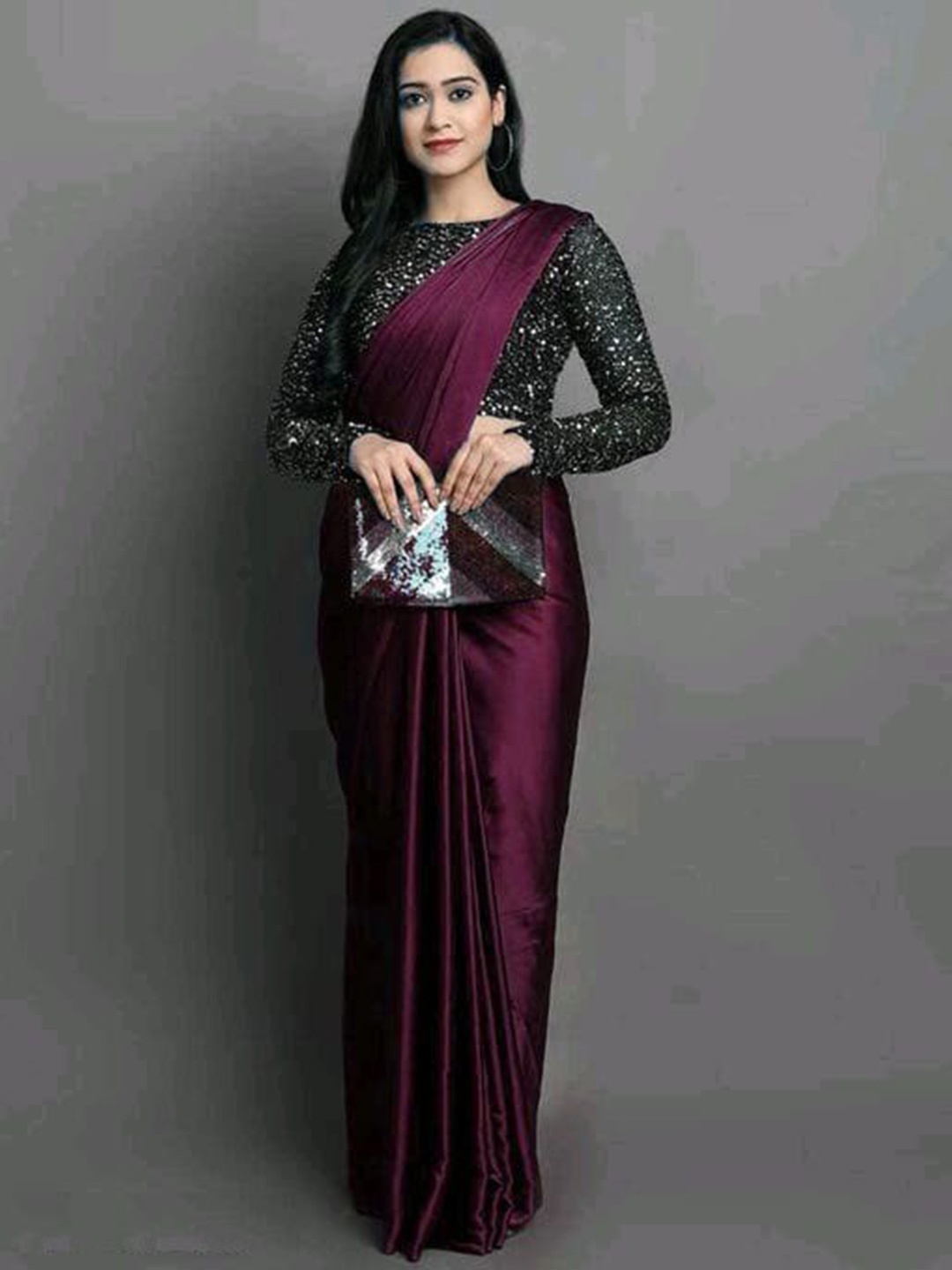 

APNISHA Plain Satin Saree, Magenta