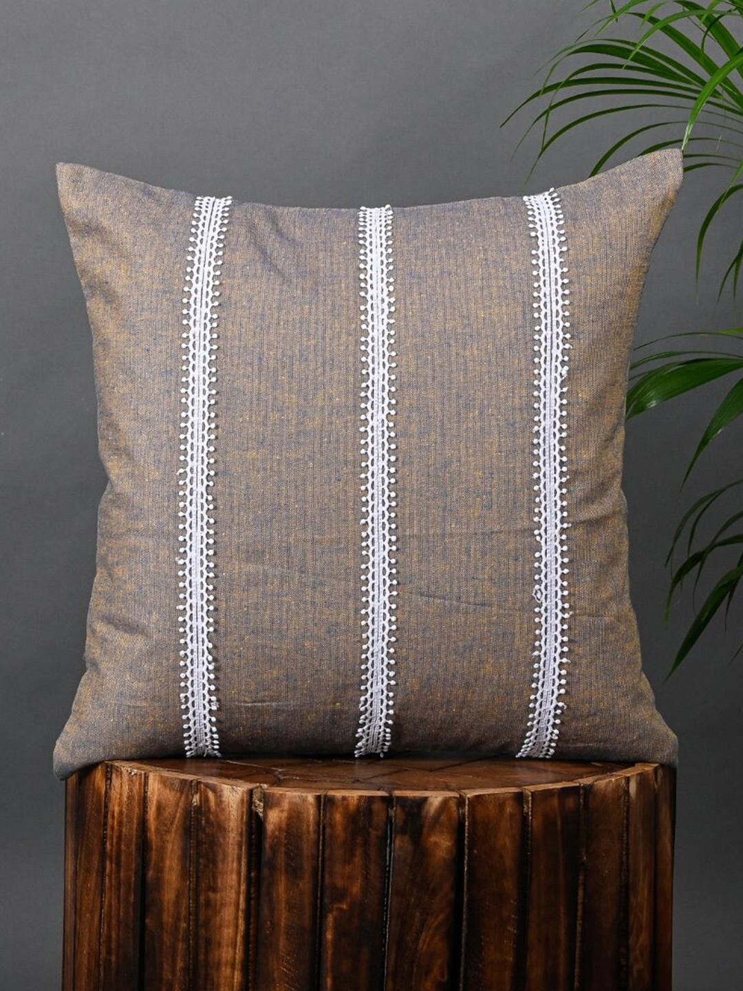 

OUSSUM Brown & White Striped Cotton Square Cushion Cover