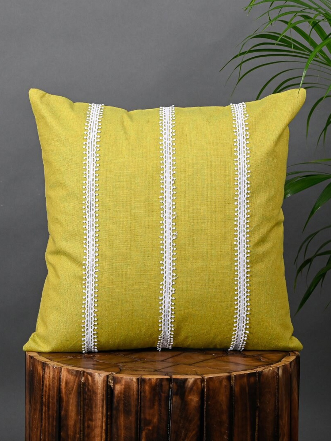 

OUSSUM Yellow & White Striped Cotton Square Cushion Cover