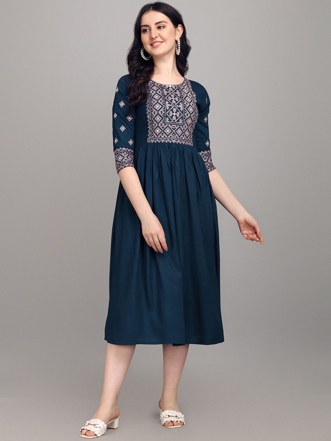 

FabFairy Ethnic Motifs Embroidered Yoke Design Anarkali Ethnic Dress, Blue