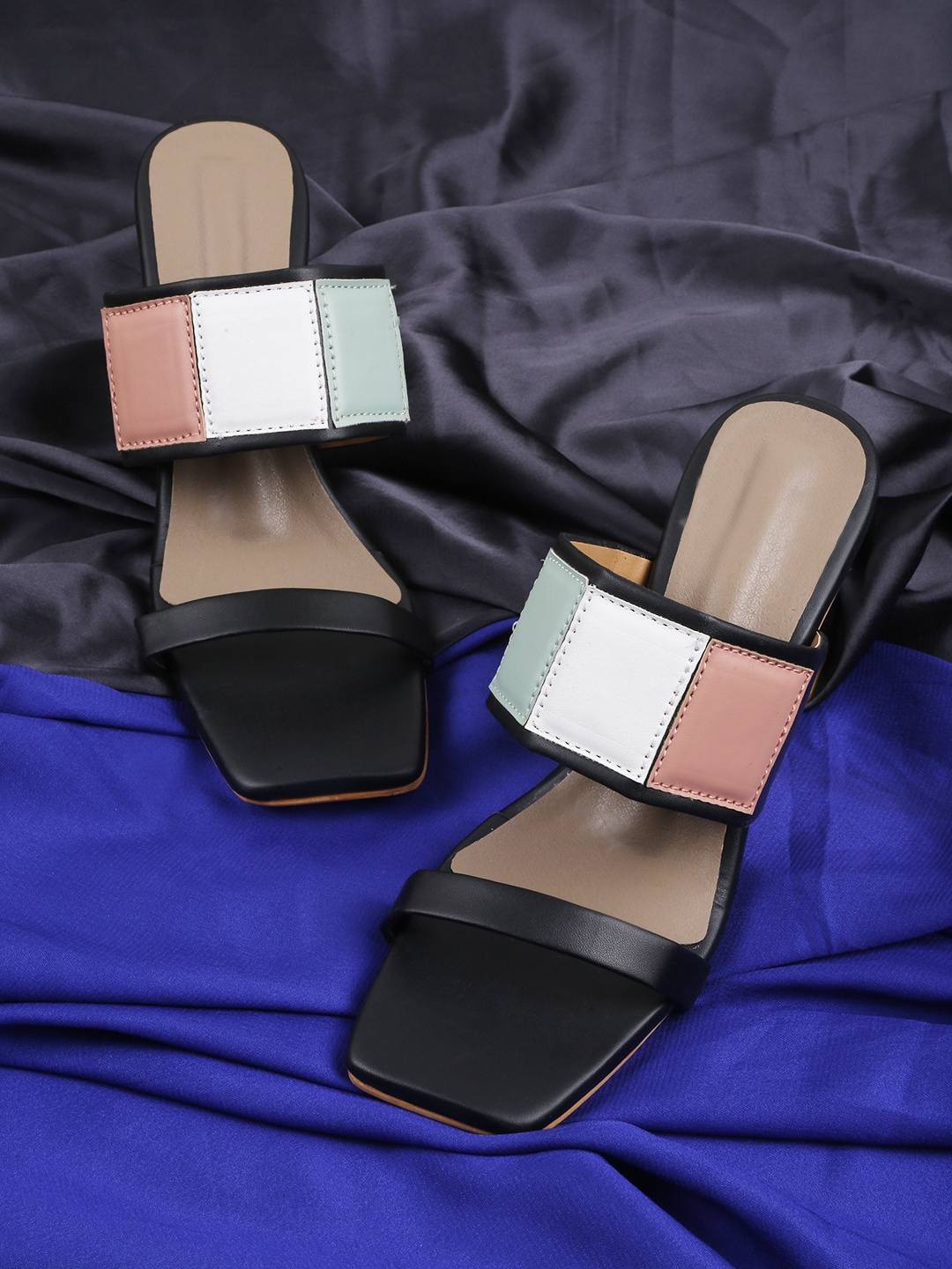 

PERY PAO Colourblocked Open Toe Block Heels, Black