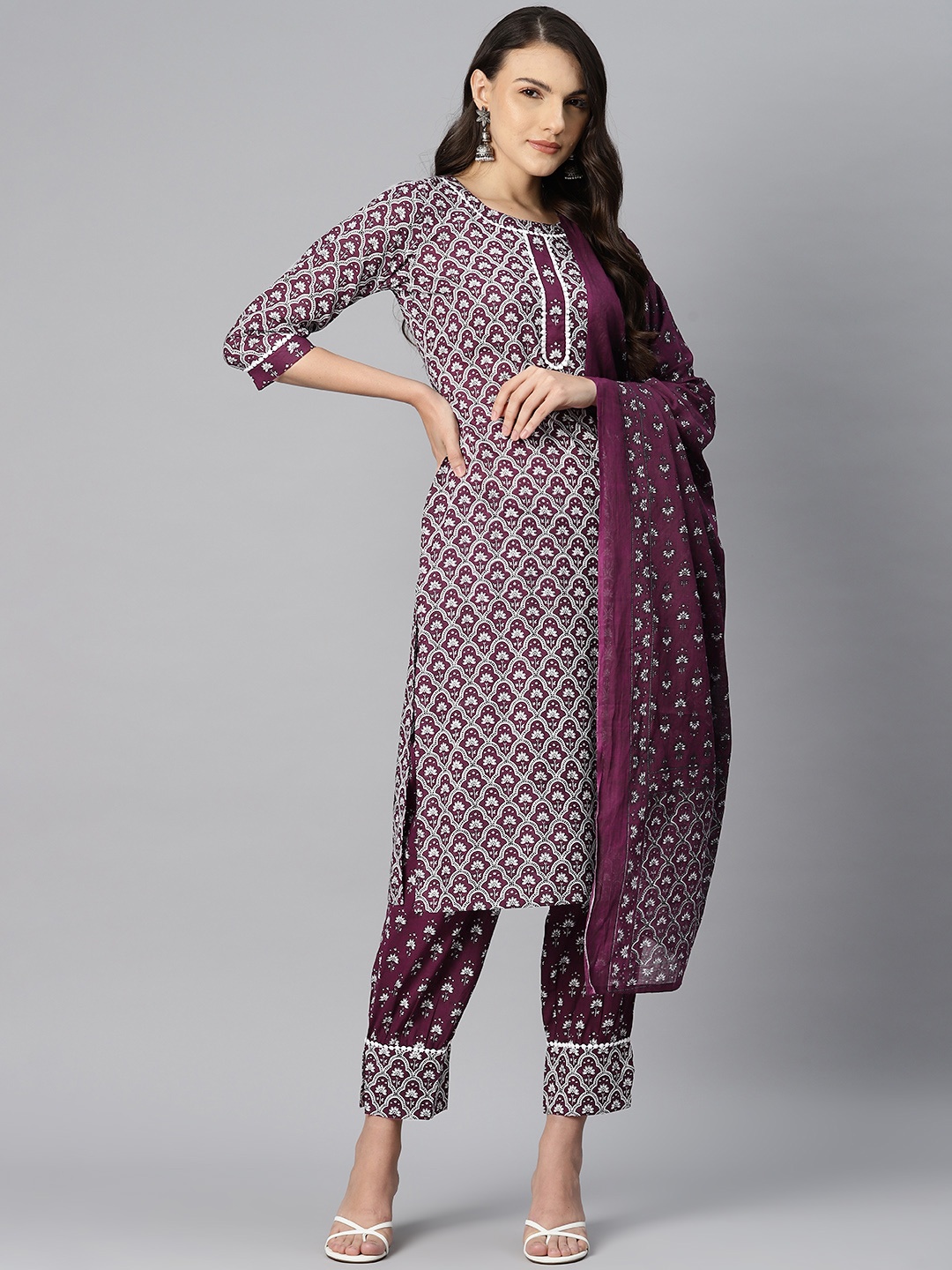 

KALINI Women Ethnic Motifs Printed Regular Pure Cotton Kurta with Palazzos & With Dupatta, Burgundy