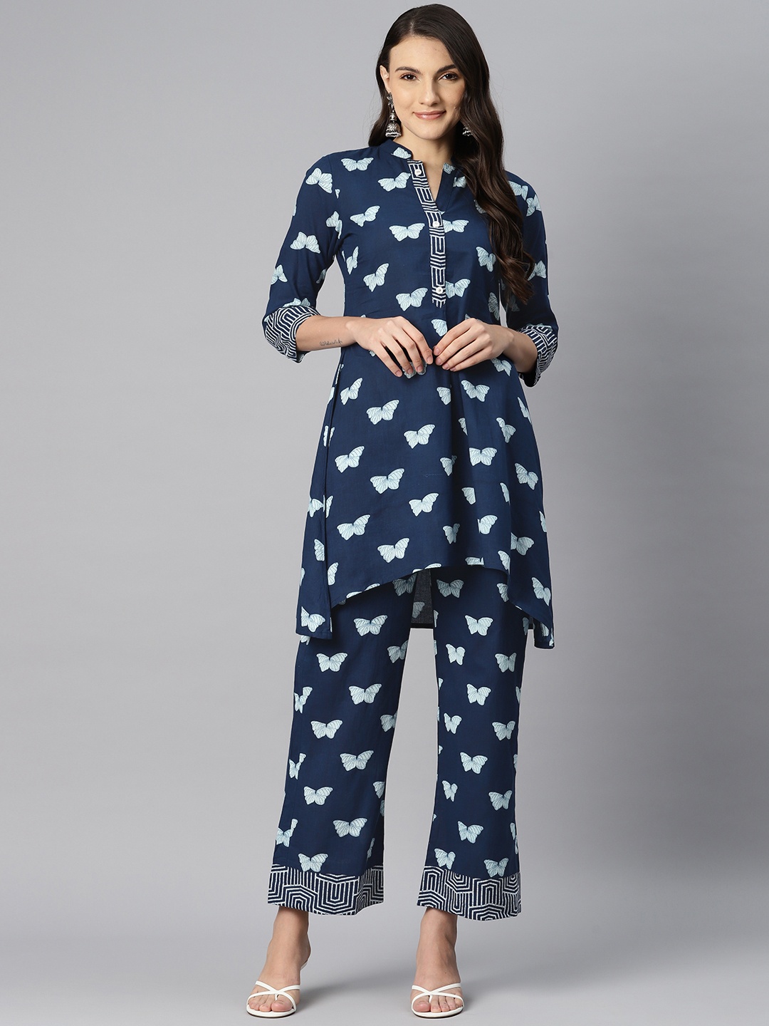 

KALINI Women Ethnic Motifs Printed Regular Pure Cotton Kurta with Palazzos, Navy blue