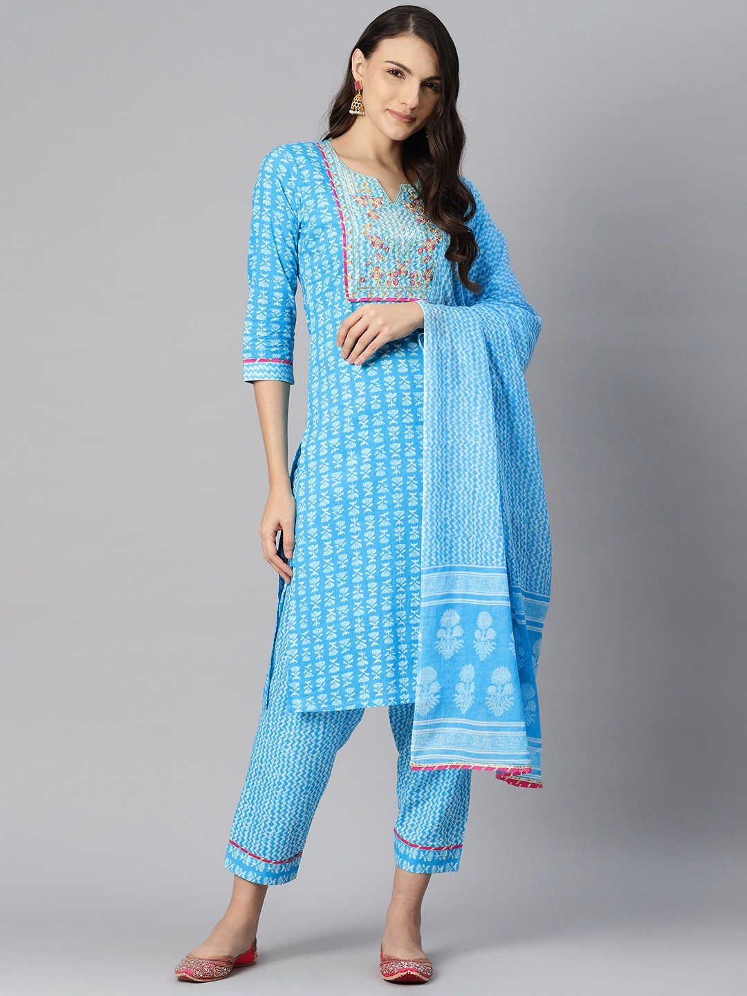 

KALINI Women Floral Yoke Design Regular Mirror Work Pure Cotton Kurta with Salwar & With, Turquoise blue
