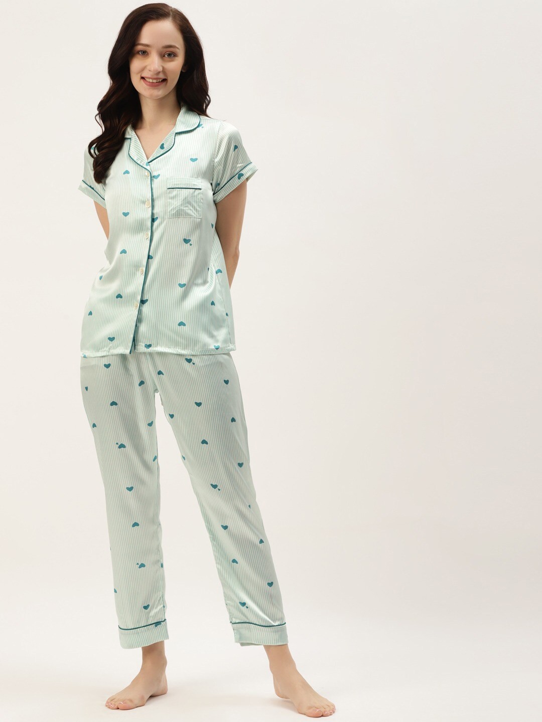 

Sweet Dreams Green & White Conversational Printed Satin Night suit