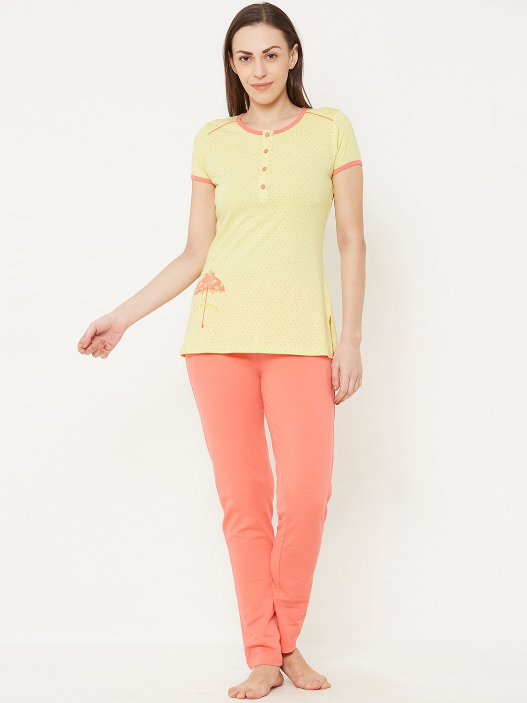 

Sweet Dreams Yellow & Coral Polka Dots Printed Pure Cotton Night suit