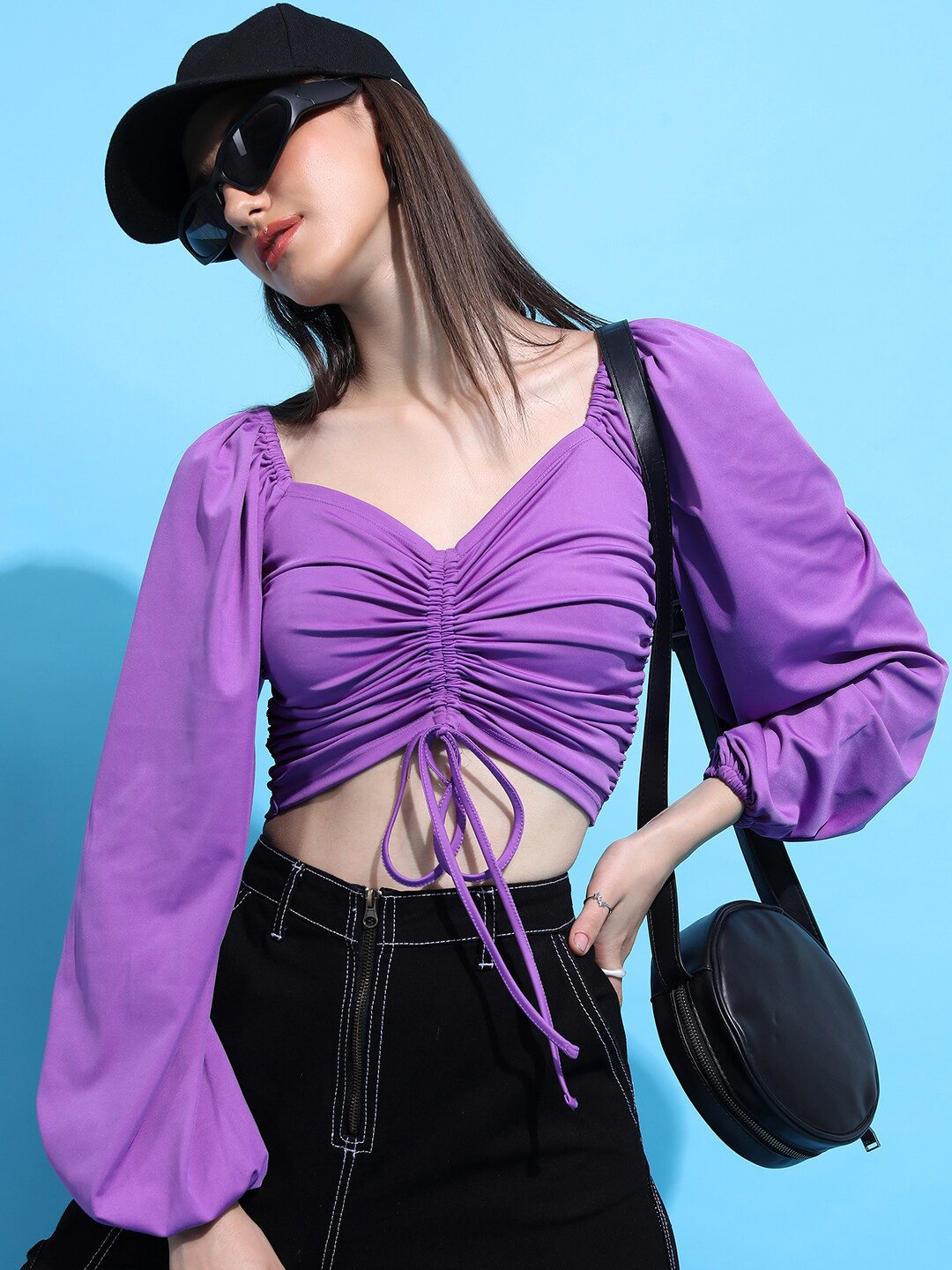 

Tokyo Talkies Purple Sweetheart Neck Puff Sleeves Ruched Crop Top