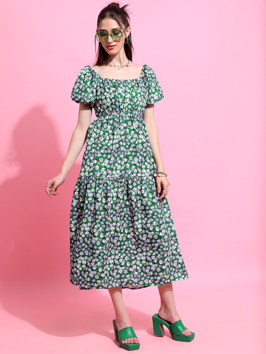 

Tokyo Talkies Green Floral Printed Puff Sleeves Gathered Or Pleated A-Line Midi Dress