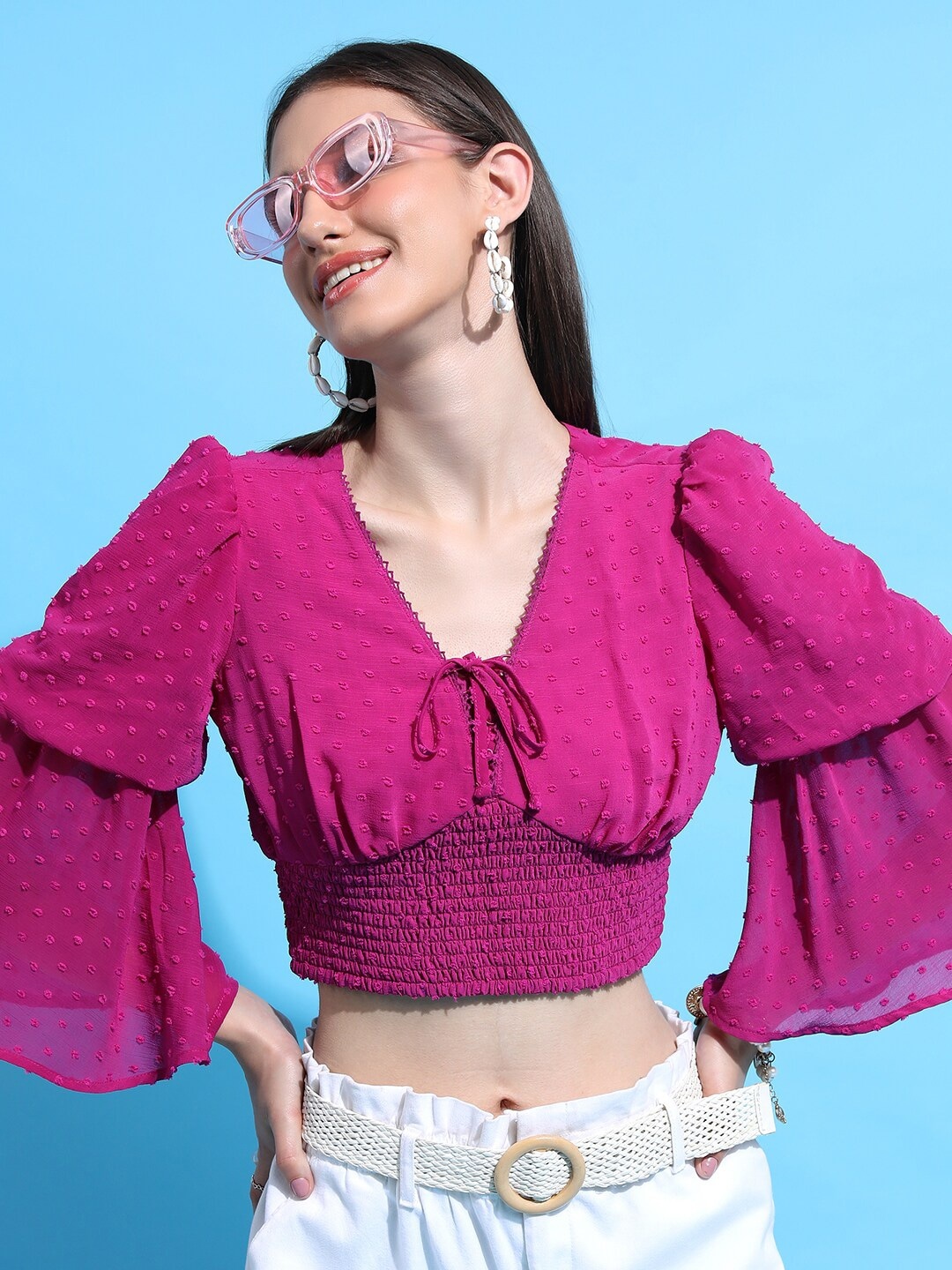 

Tokyo Talkies Pink Self Design Tie-Up Neck Bell Sleeves BlousonCrop Top