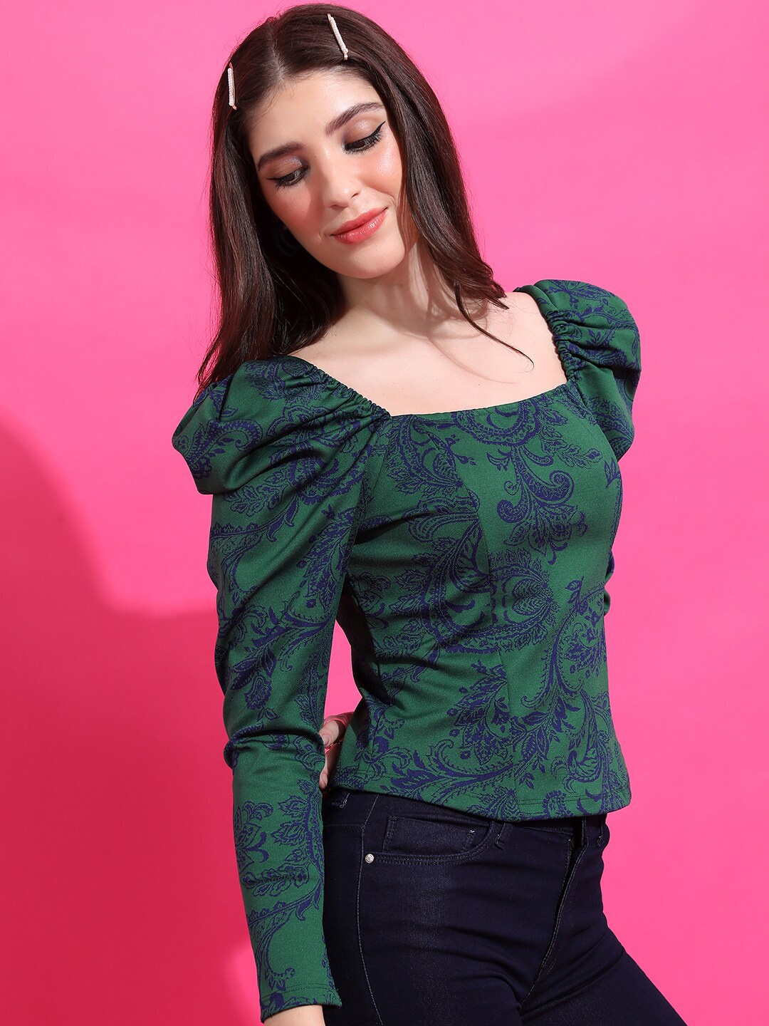

Tokyo Talkies Green Floral Printed Square Neck Puff Sleeves Top