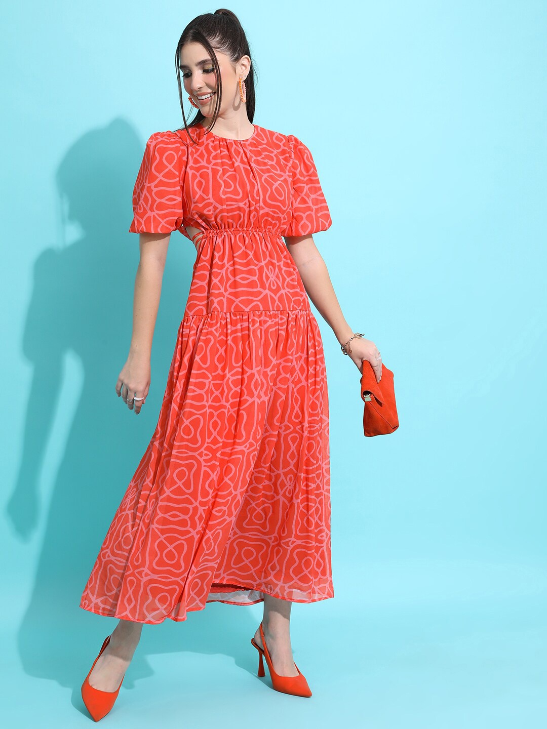 

Tokyo Talkies Red Abstract Printed Puffed Sleeves Maxi Dress