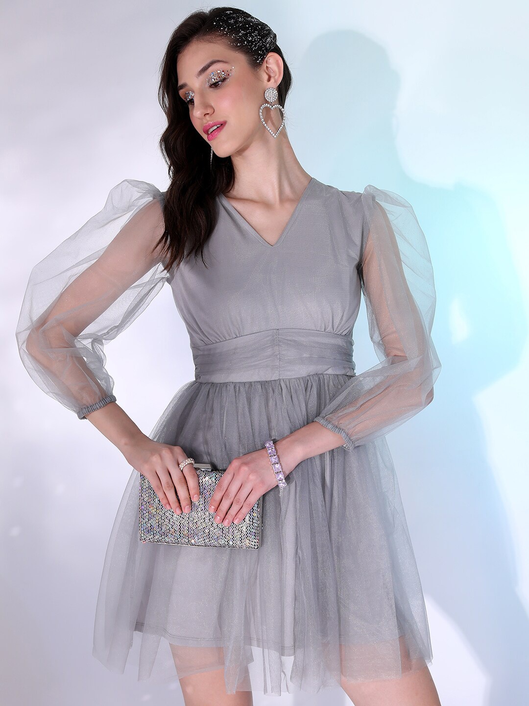 

Tokyo Talkies Grey Puffed Sleeves Gathered Or Pleated Fit & Flare Mini Dress