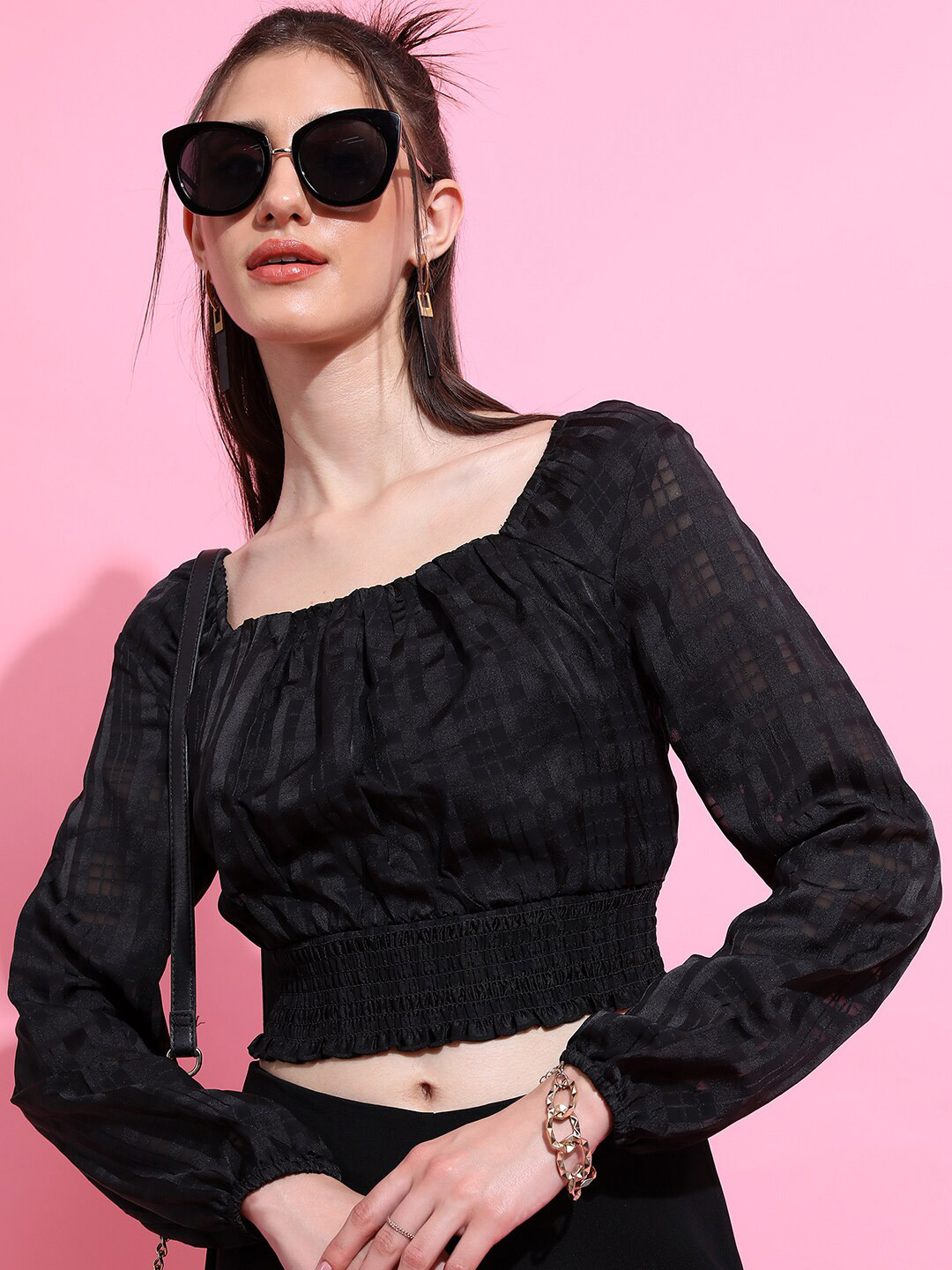 

Tokyo Talkies Black Self Design Square Neck Puff Sleeves Smocking Cinched Waist Crop Top