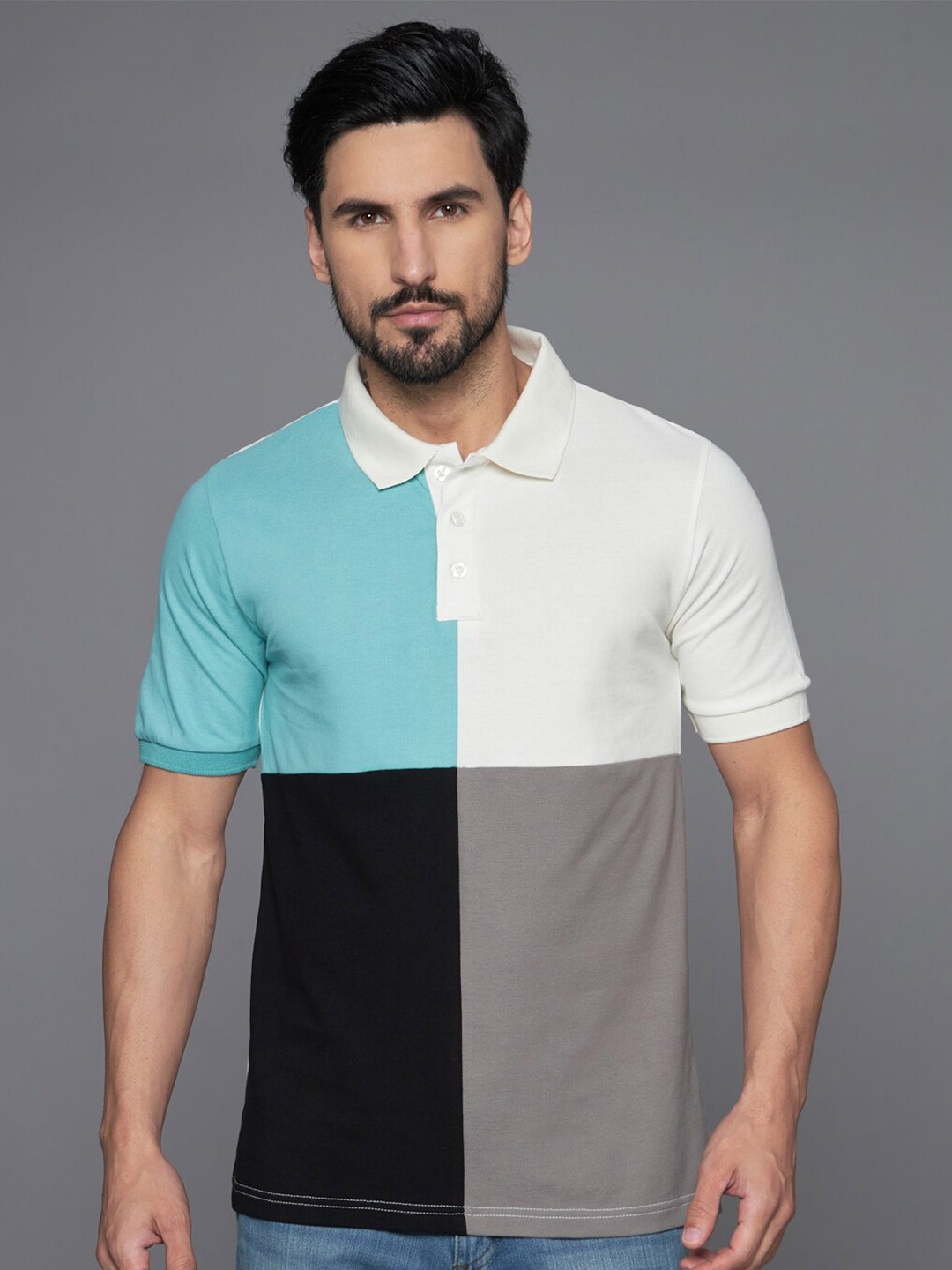 

The Dry State Turquoise Blue & White Colourblocked Polo Collar Cotton T-shirt