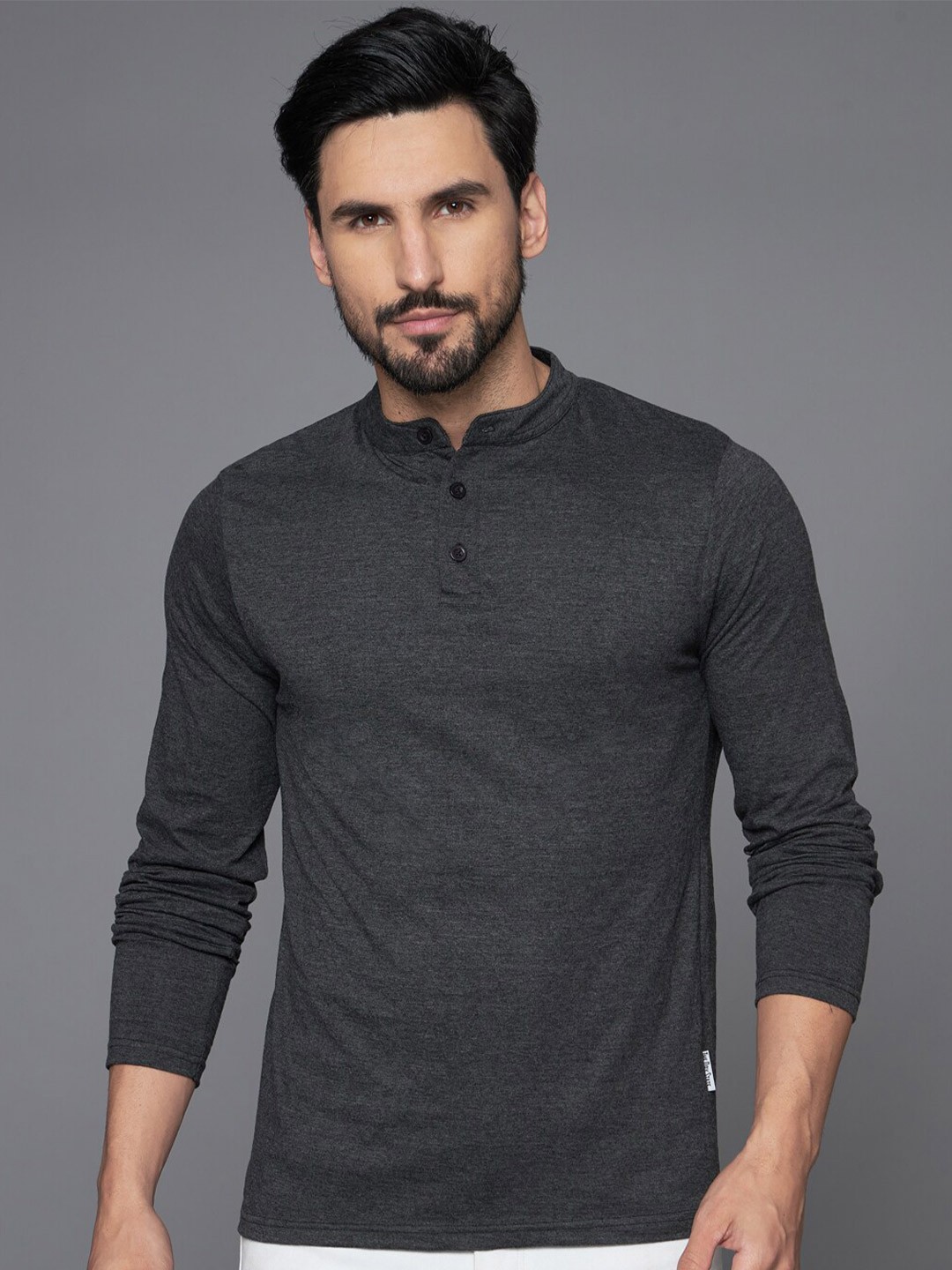 

The Dry State Mandarin Collar Regular Fit Cotton Casual T-Shirt, Charcoal