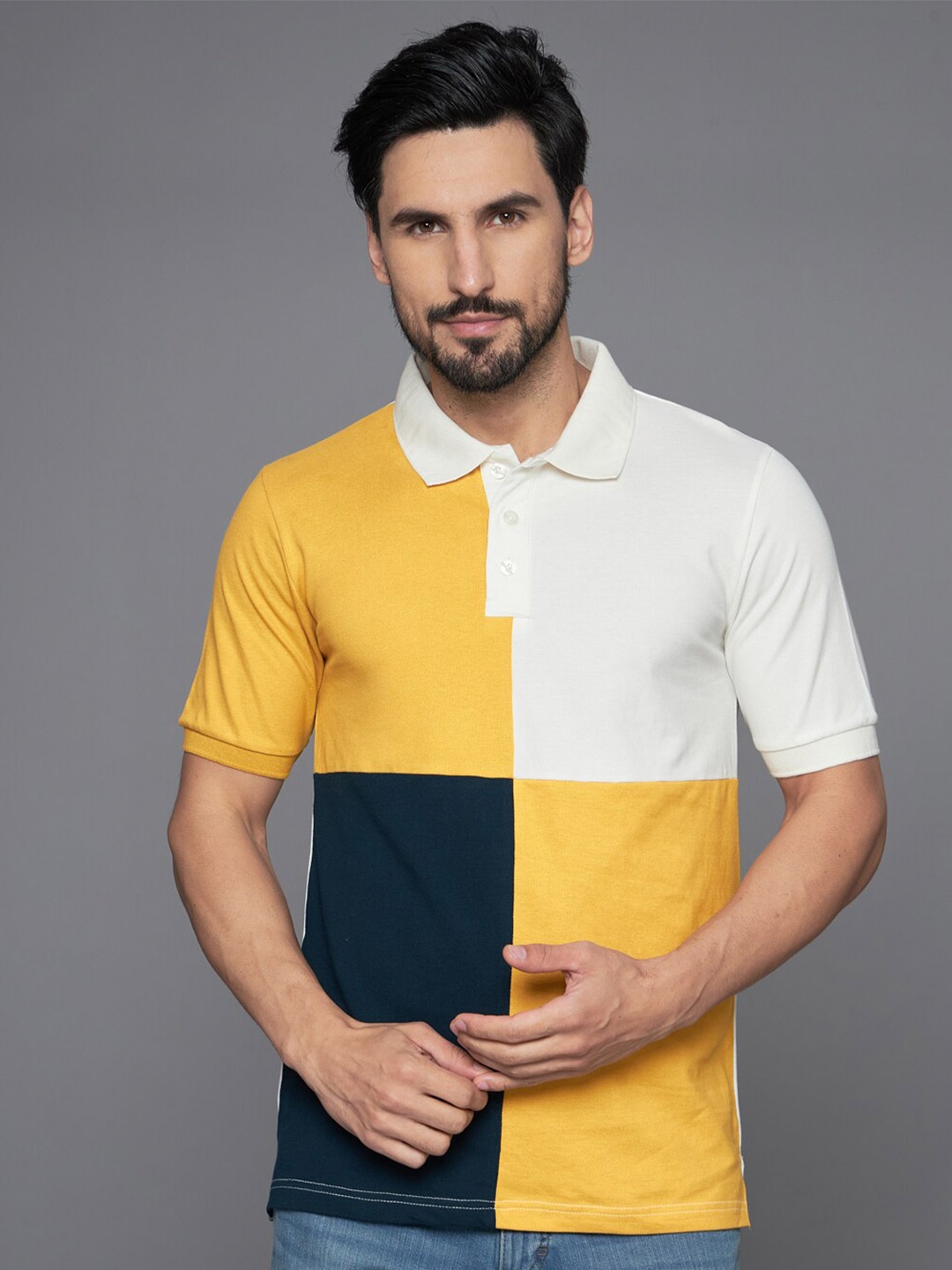 

The Dry State Yellow & White Colourblocked Polo Collar Cotton T-shirt