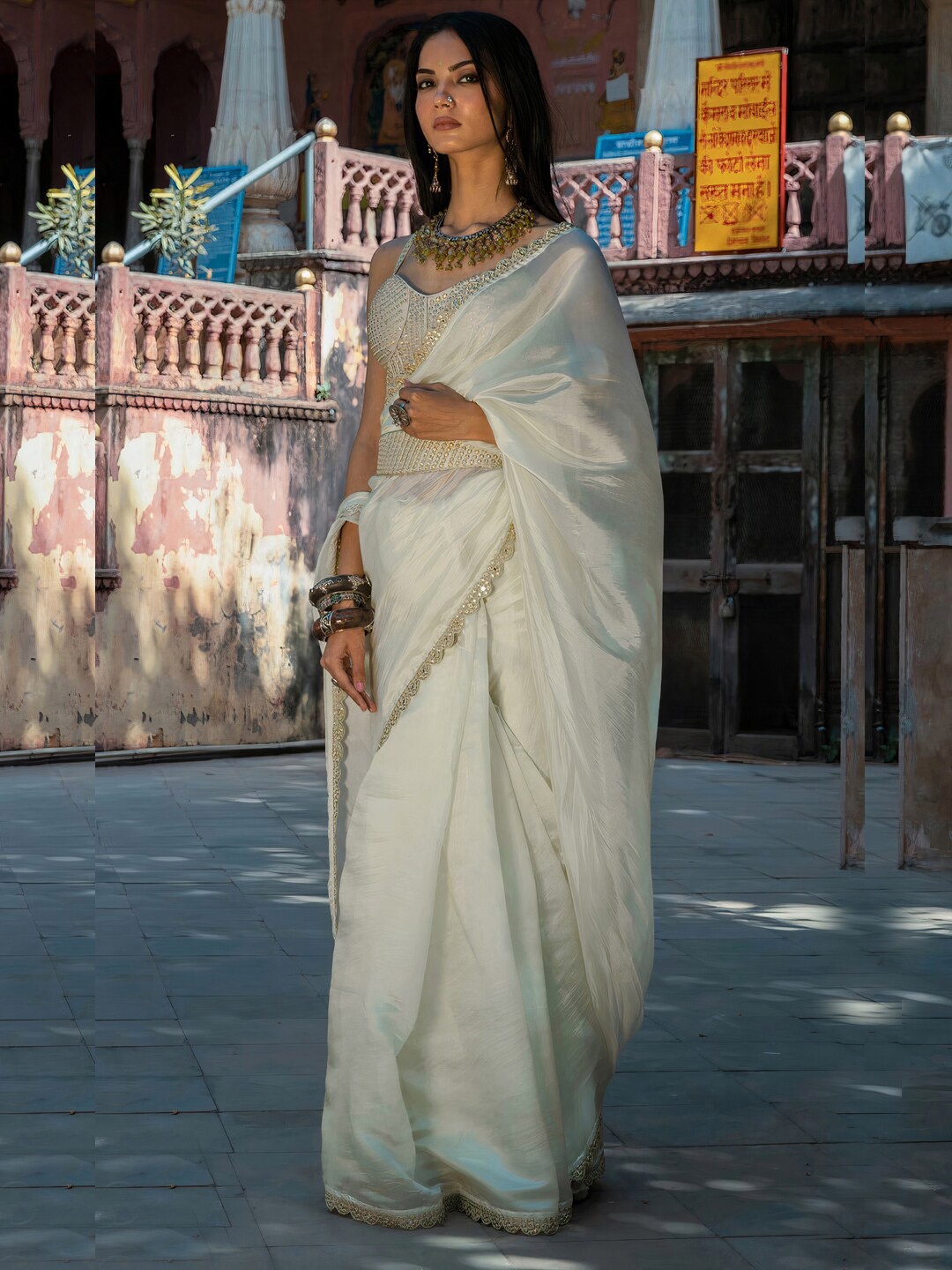 

Angroop Mirror Work Detail Organza Belted Saree, White