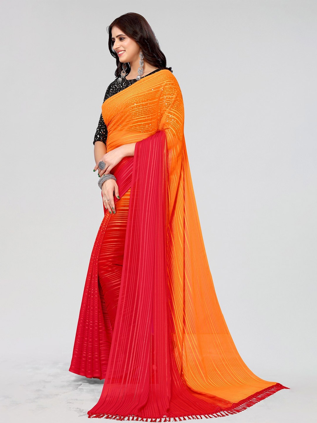 

KALINI Striped Woven Design Saree, Red
