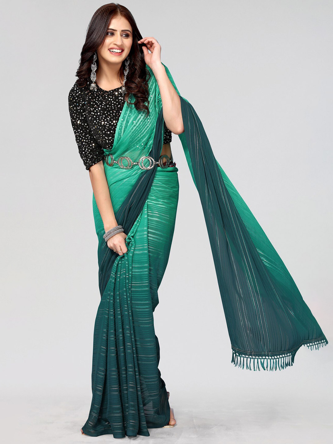 

KALINI Striped Woven Design Saree, Green