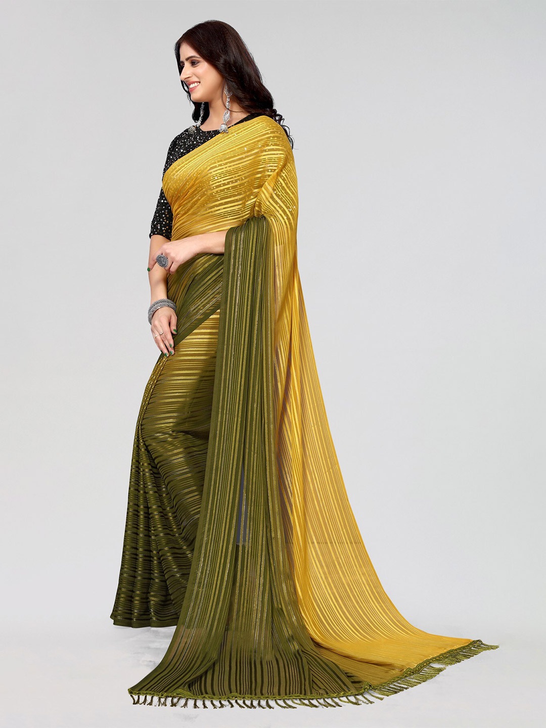 

KALINI Striped Sequinned Poly Georgette Saree, Green
