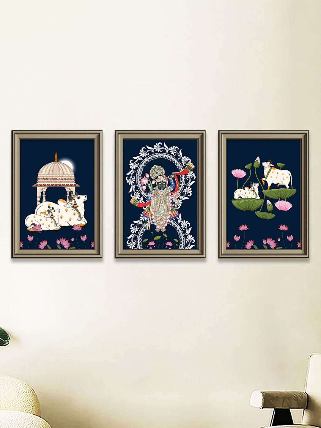 

Art Street Black & White 3-Pieces Shrinathji Dancing Printed Framed Wall Art