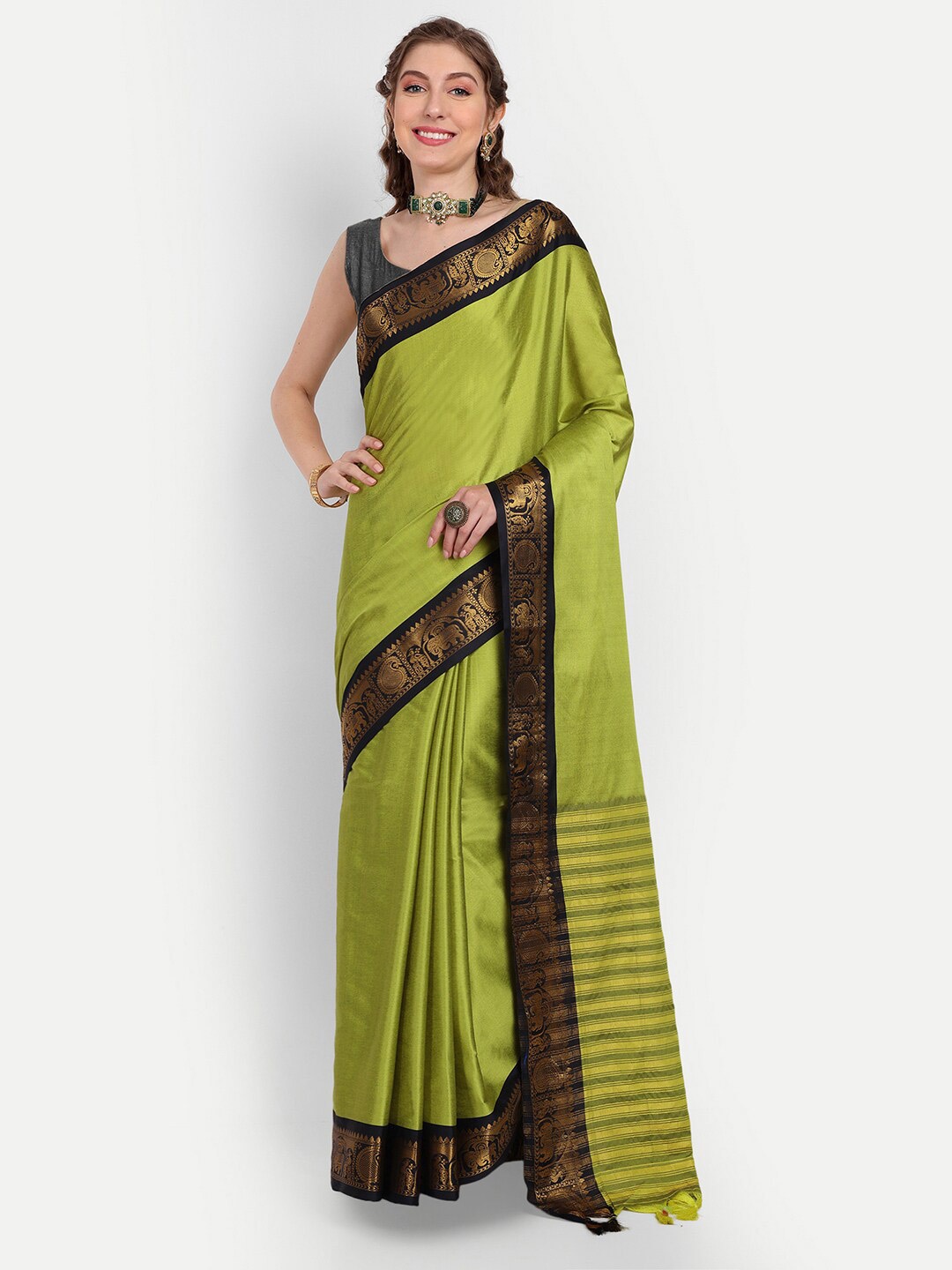 

Paramparik Textile Zari Ikat Saree, Lime green