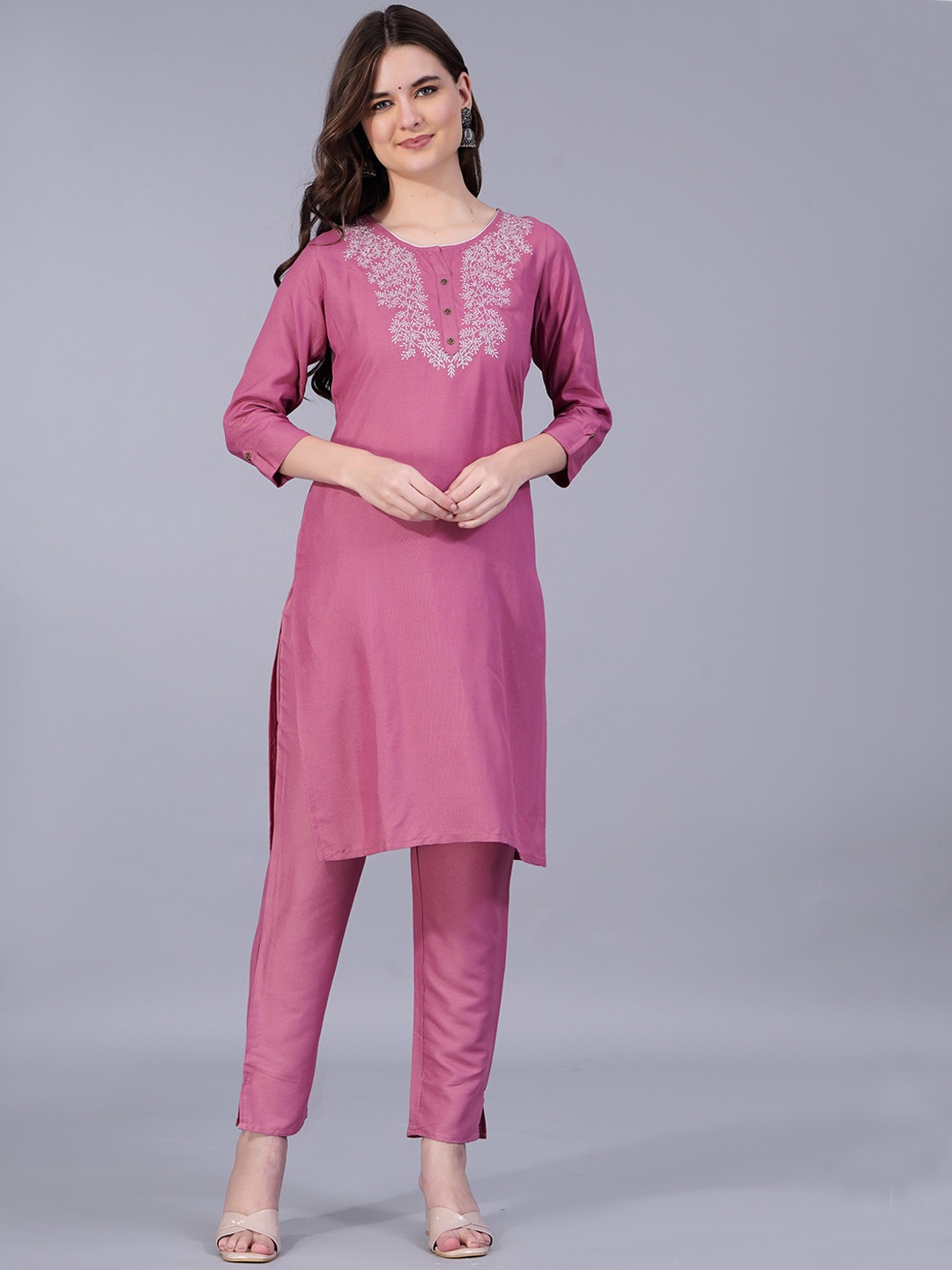 

KASHEEDA Round Neck Ethnic Motifs Yoke Design Regular Thread Work Kurta with Trousers, Pink