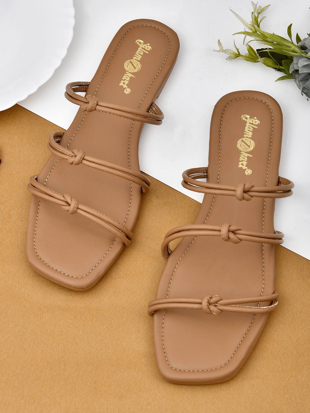 

GLAMZKART Strappy Open Toe Flats, Beige
