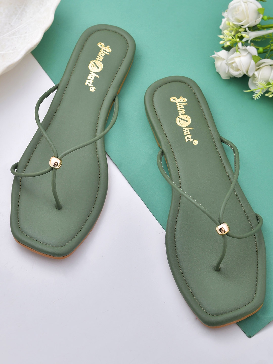 

GLAMZKART Embellished Open Toe Flats, Green