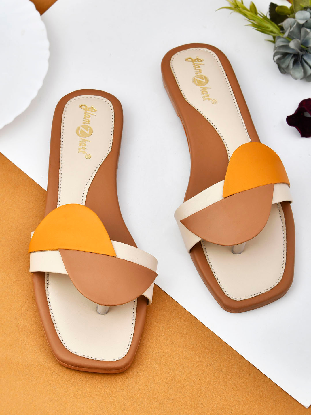 

GLAMZKART Colourblocked Open Toe Flats, Beige