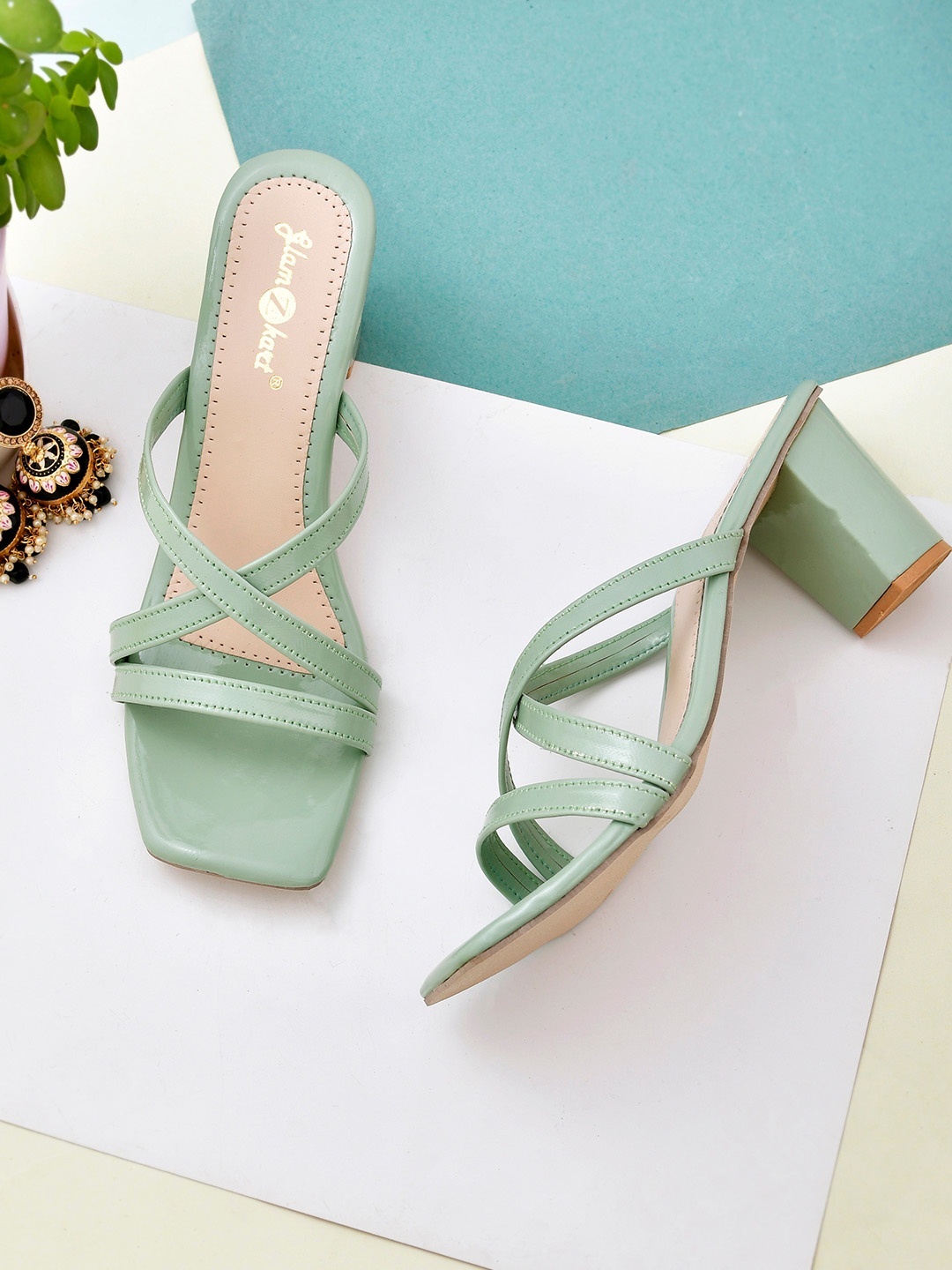 

GLAMZKART Open Toe Block Heels, Sea green
