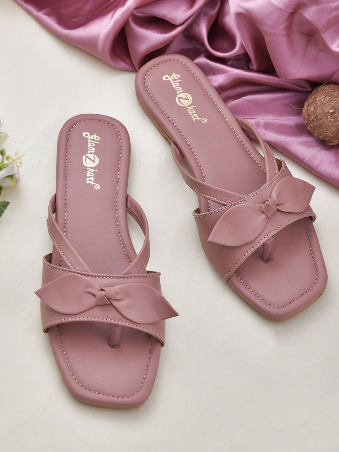 

GLAMZKART Open Toe Flats with Bows, Rose gold