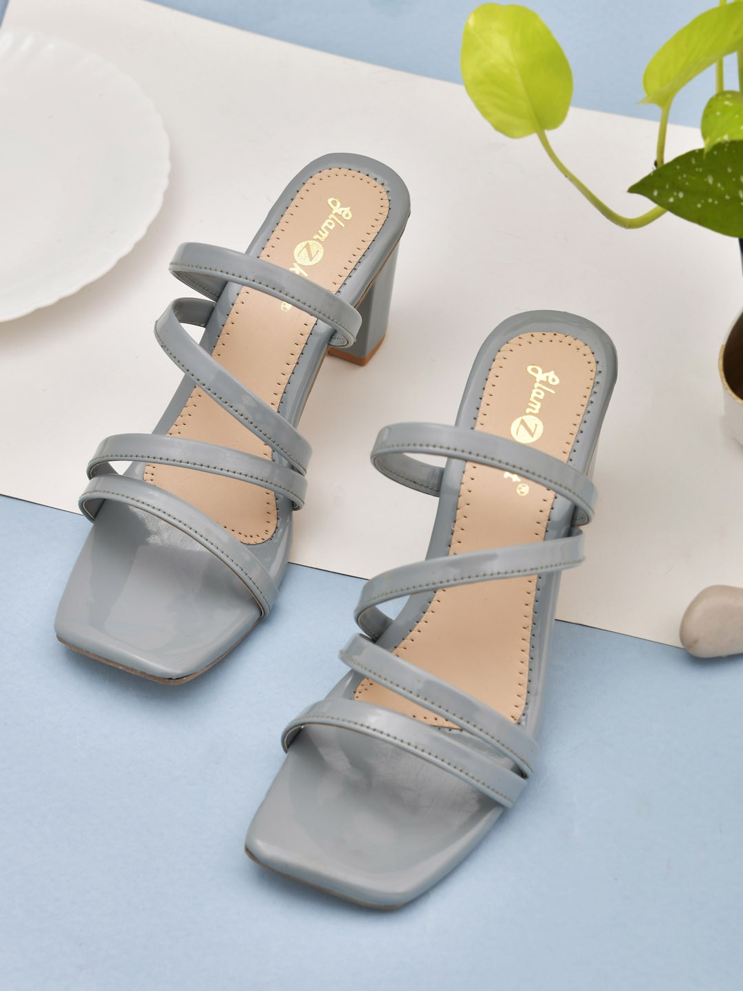

GLAMZKART Strappy Open Toe Block Heels, Grey