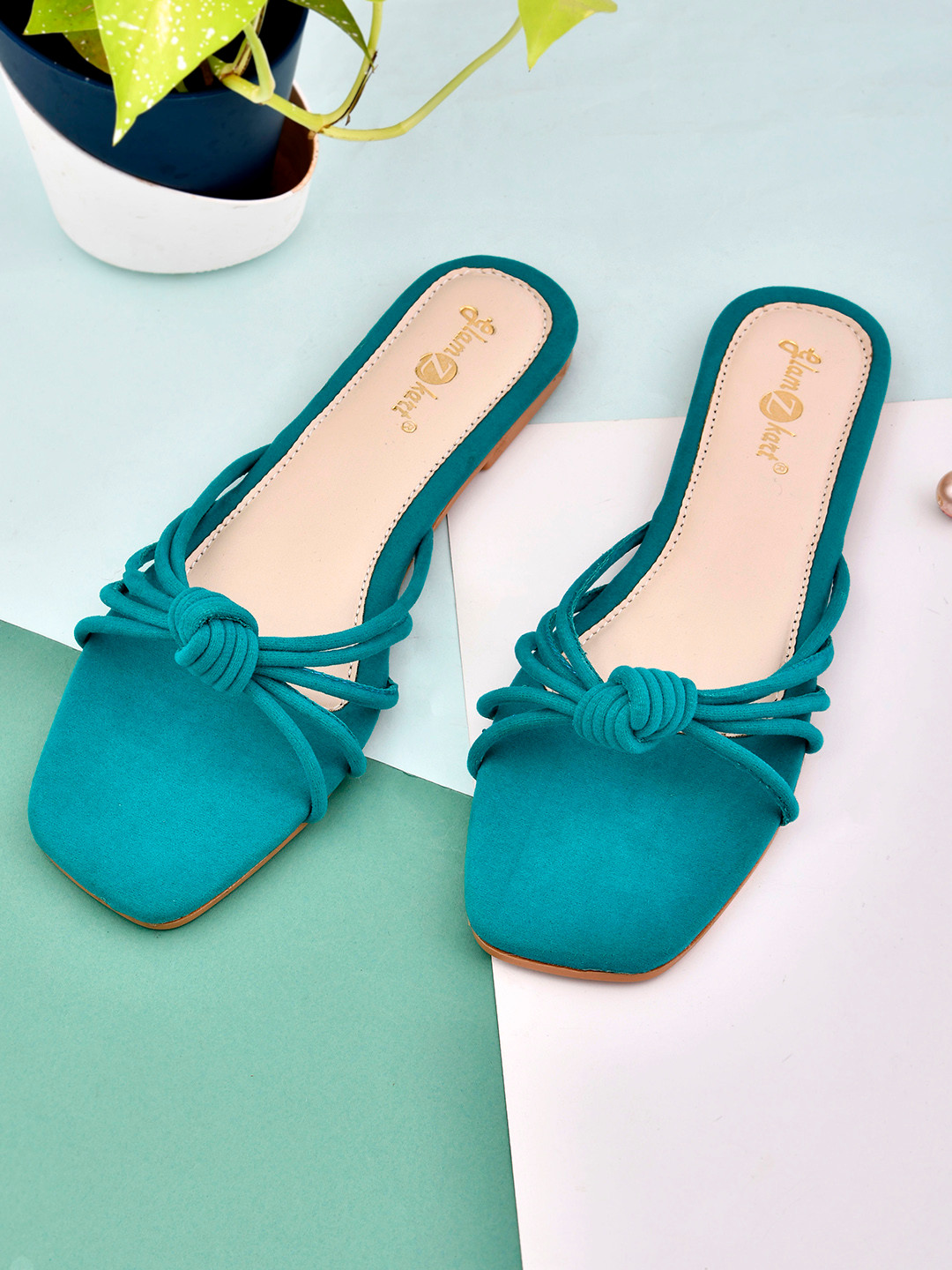 

GLAMZKART Knotted Open Toe Flats, Teal